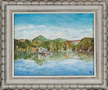 油絵 風景「恵那峡の水辺」松島 宣明